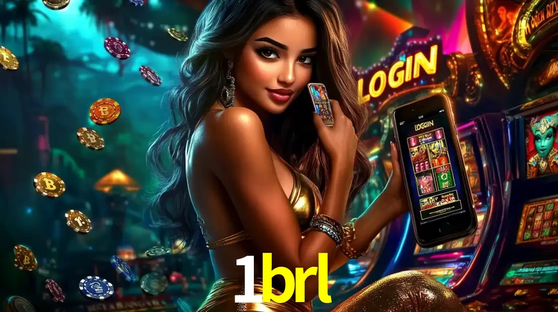 Mulher em um cenário de cassino temático de aventura, mostrando o app de caça-níqueis da 1brl no celular. Fichas de apostas flutuam ao redor.